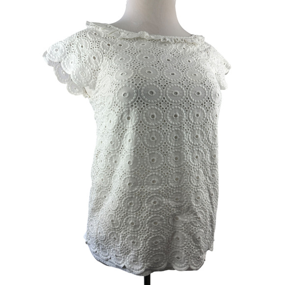 Lilly Pulitzer Crochet Eyelet Blouse Cap Short Sleeve Ruffle Button Back Size 8 - Picture 4 of 15